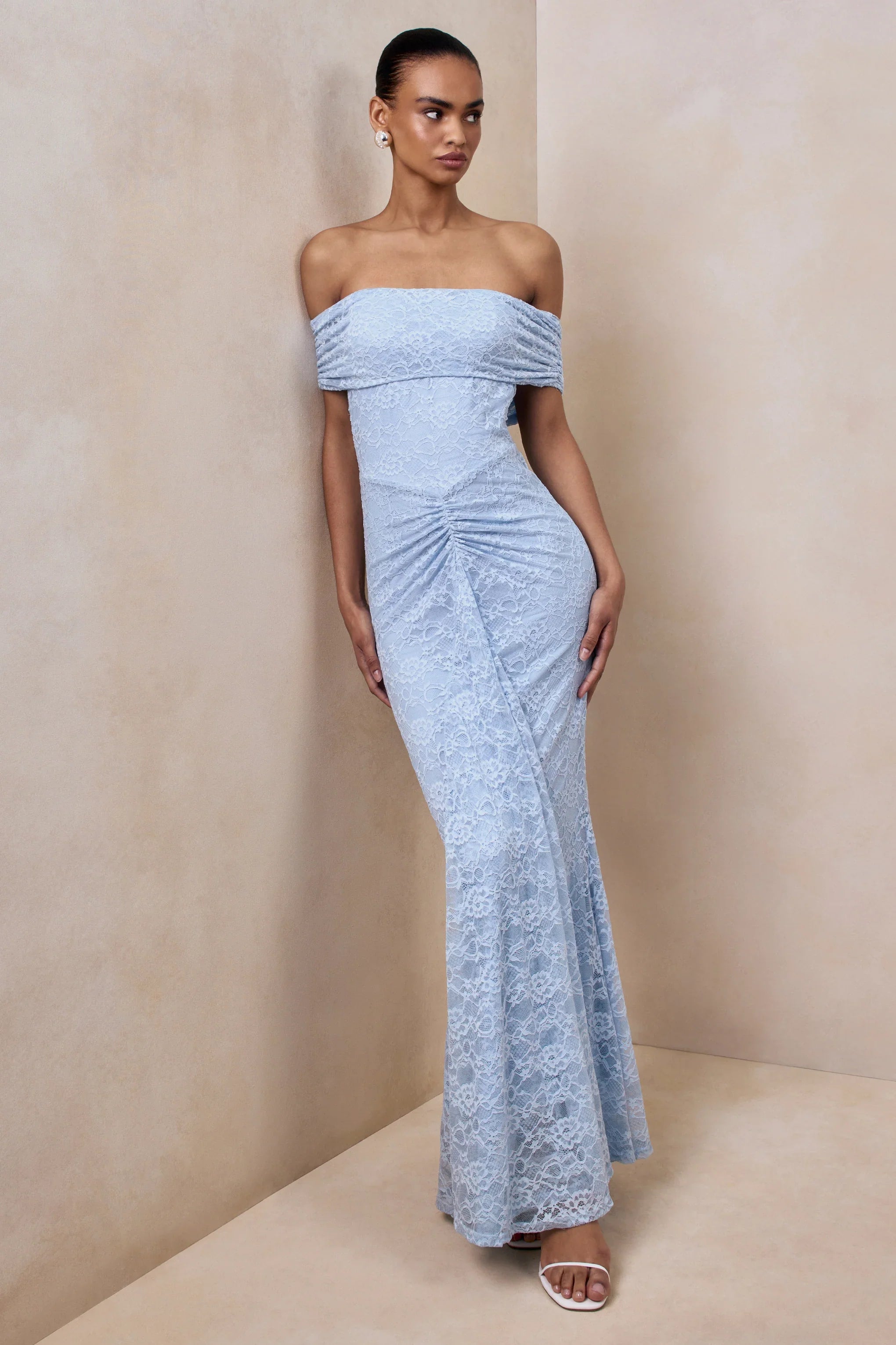 Elinor Powder Blue Lace Bardot Neck Maxi Dress With Gathered Detailing