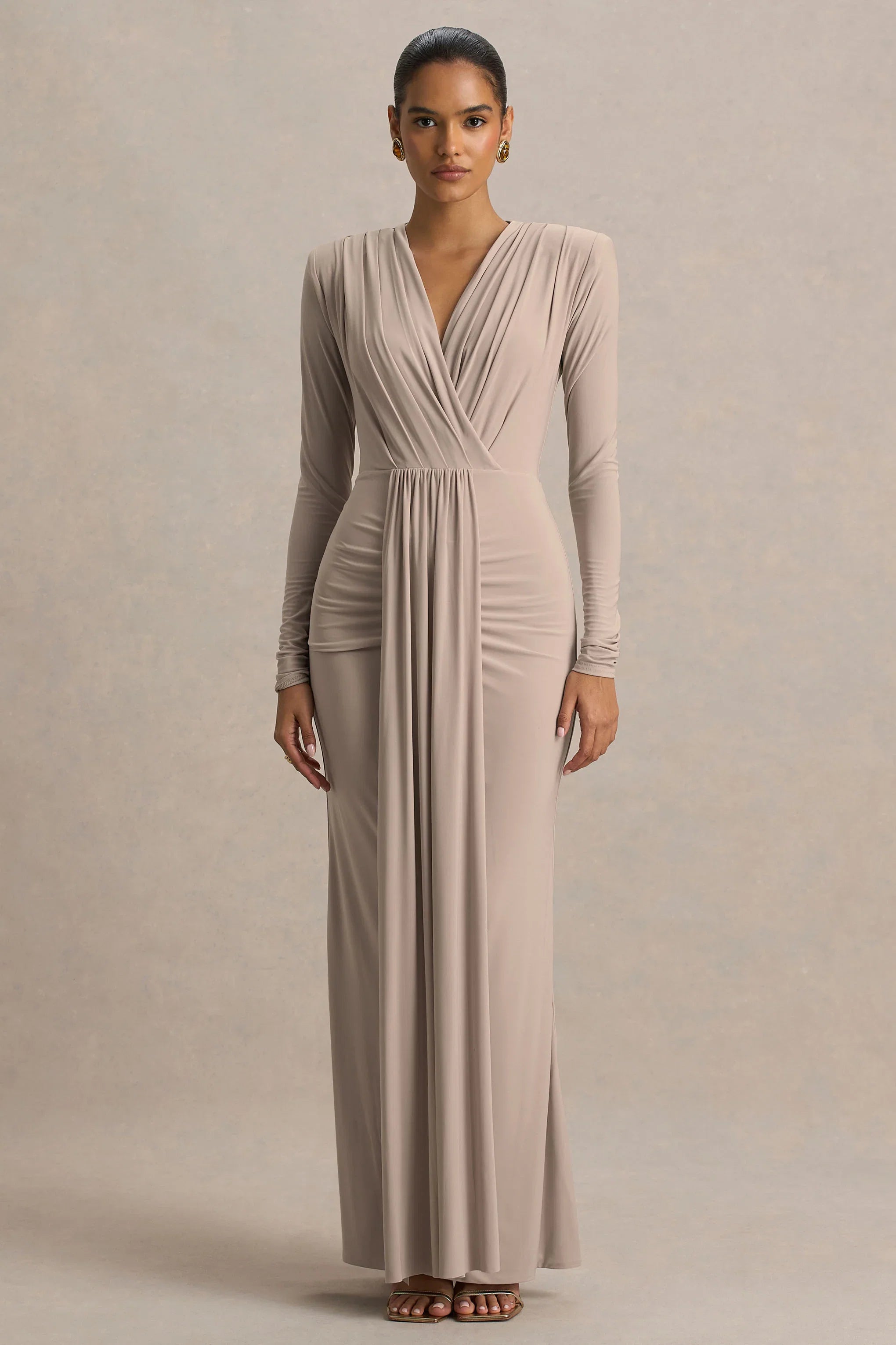 Flashy Champagne Plunge Neck Maxi Dress With Ruched Detailing