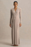Flashy Champagne Plunge Neck Maxi Dress With Ruched Detailing