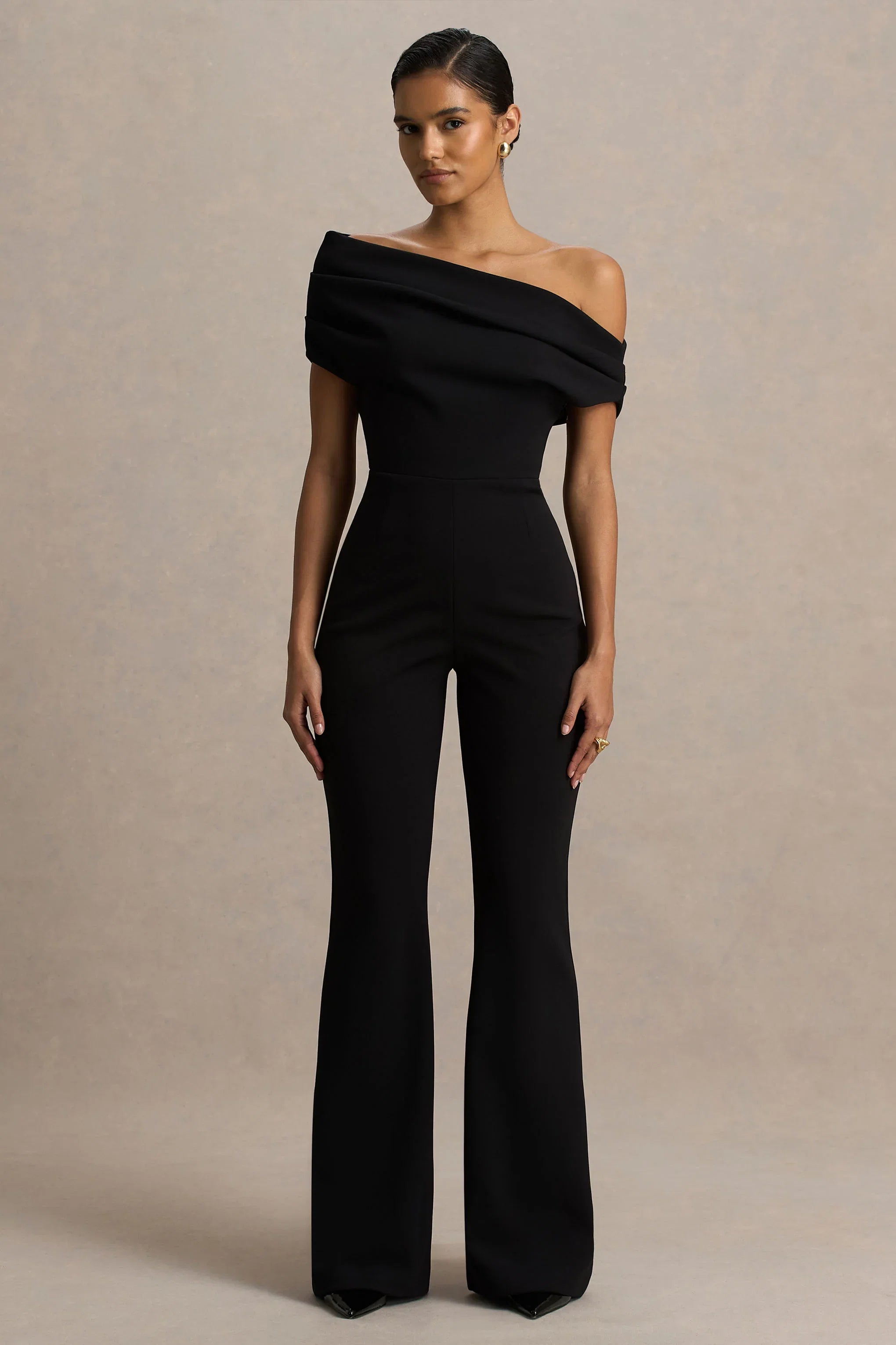Alexandra Black Asymmetric Neck Draped Jumpsuit