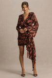 Lindsey Black And Rust Plunge Neck Wrap Mini Dress With Bell Sleeves And Sash Detail