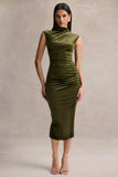 Novine Olive Velvet High Neck Midi Dress