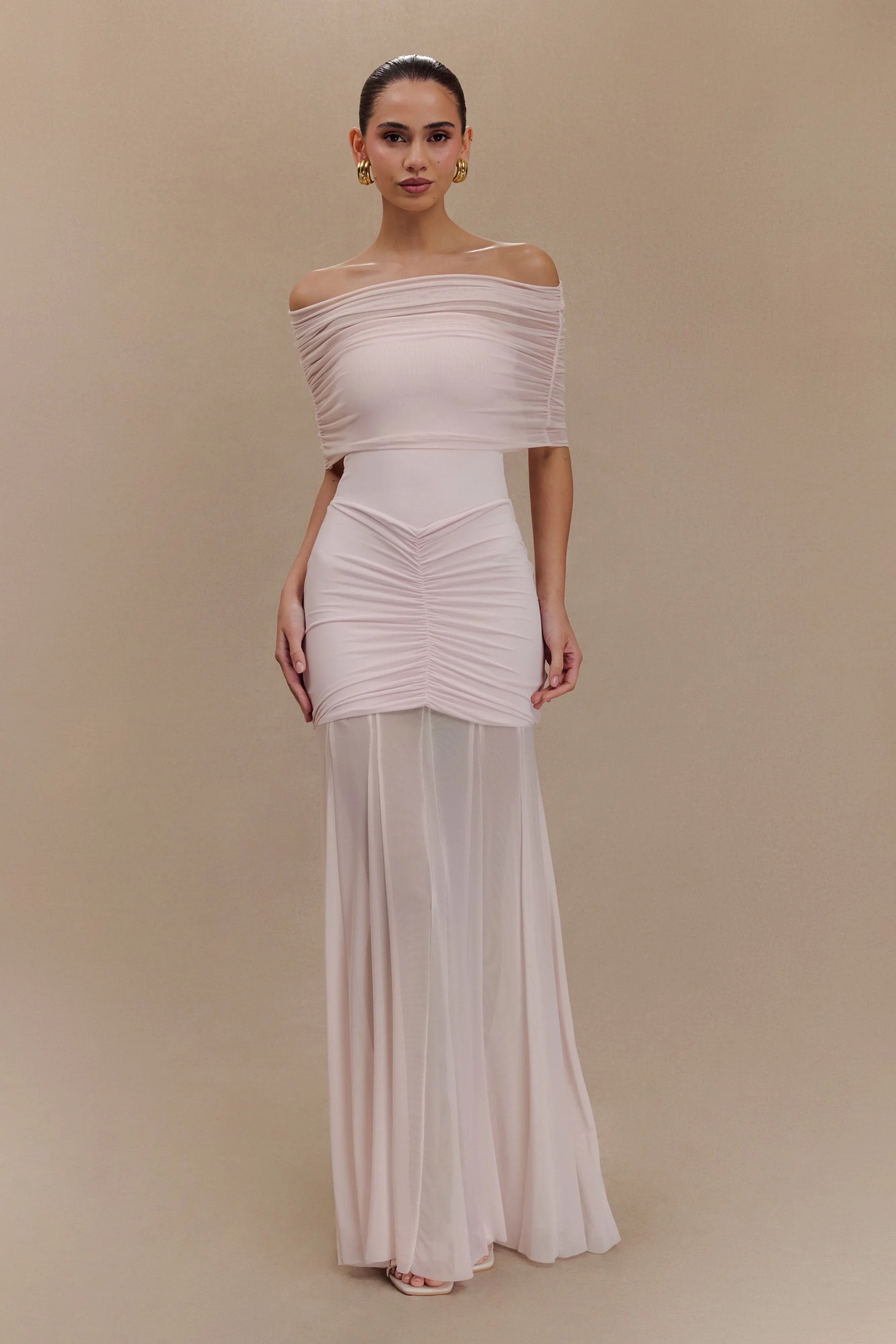Caspian Slinky And Mesh Off Shoulder Maxi Dress Pale Pink