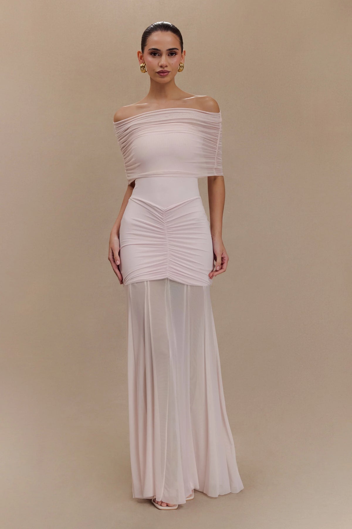 Caspian Slinky And Mesh Off Shoulder Maxi Dress Pale Pink