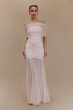 Caspian Slinky And Mesh Off Shoulder Maxi Dress Pale Pink