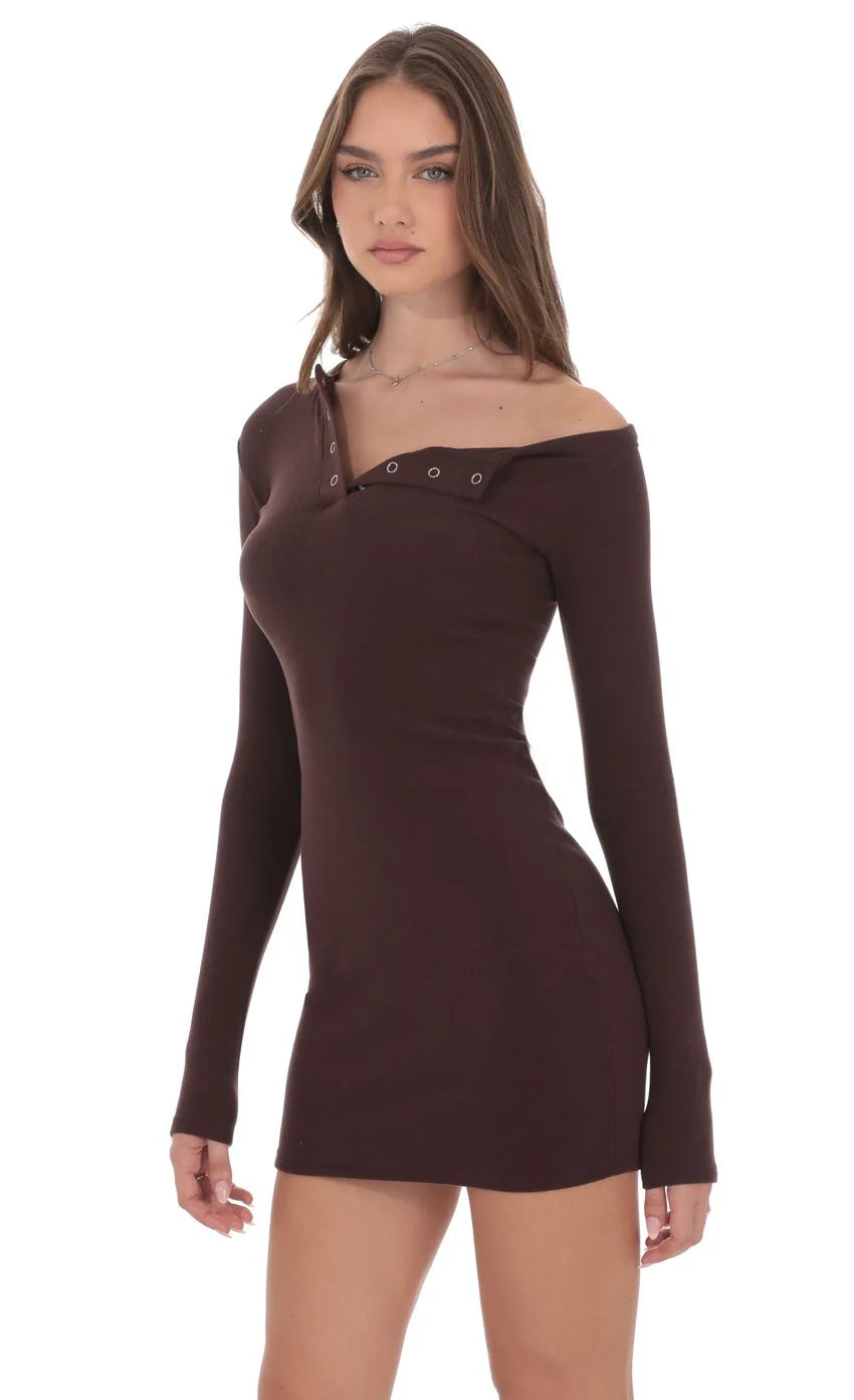 Off Shoulder Henley Dress in Brown
