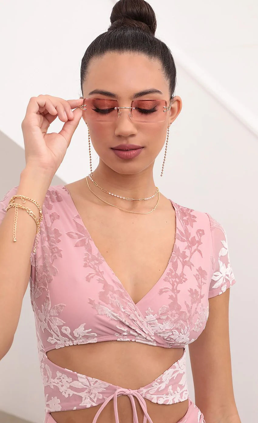 Tie Cutout Ruffle And Ruched Dress in Pink