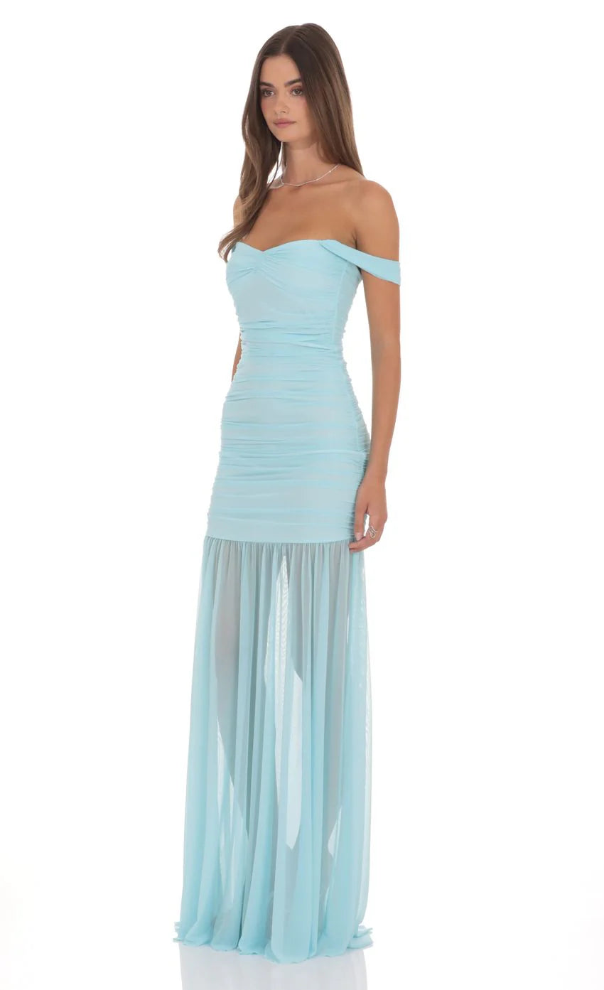 Mesh Off Shoulder Ruched Maxi Dress in Blue