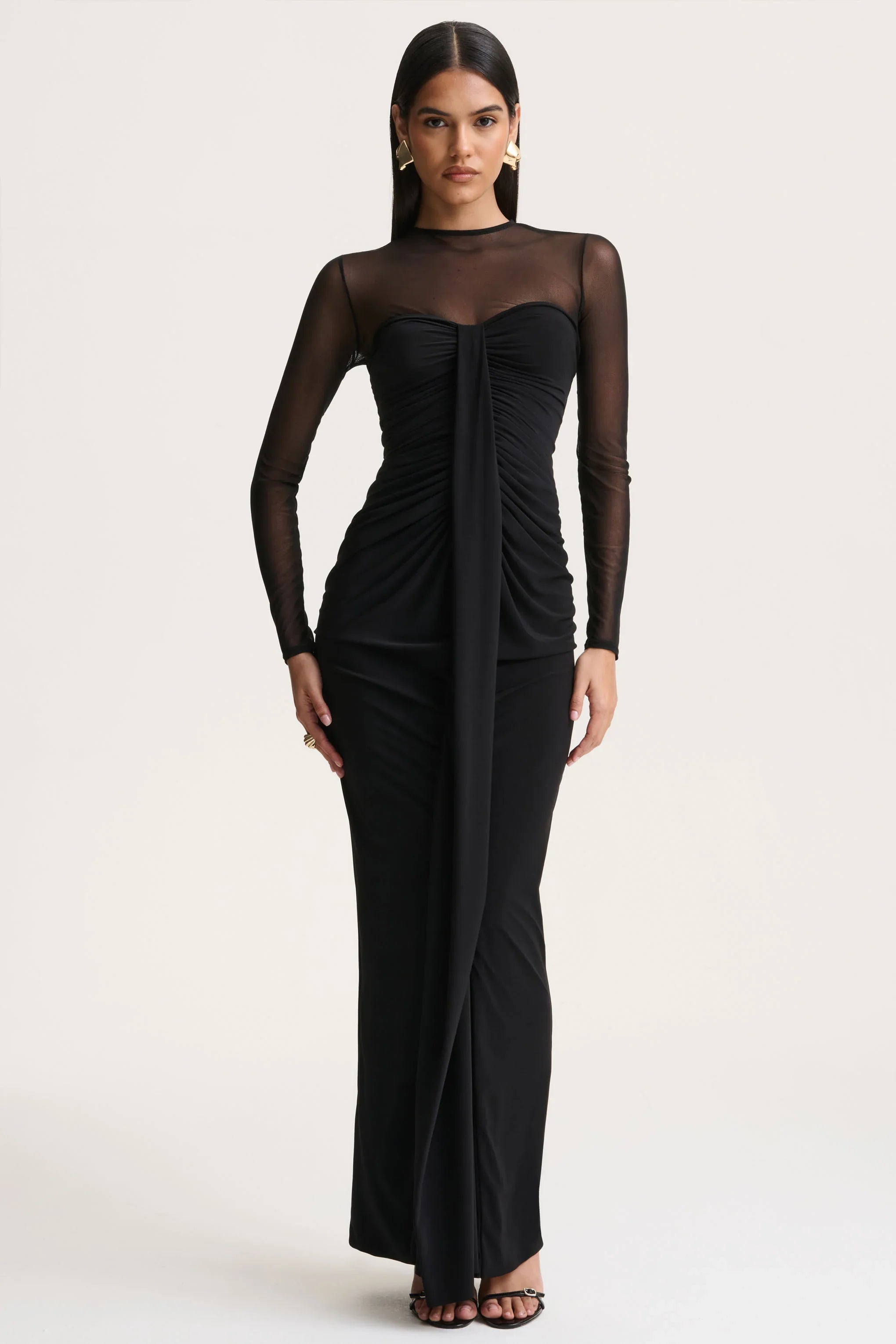 Cadenza Black Crew Neck Maxi Dress With Mesh And Gathered Detailing