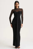 Cadenza Black Crew Neck Maxi Dress With Mesh And Gathered Detailing
