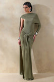 Trisara Olive Asymmetric Neck Maxi Dress With Gathered Detailing And Sash