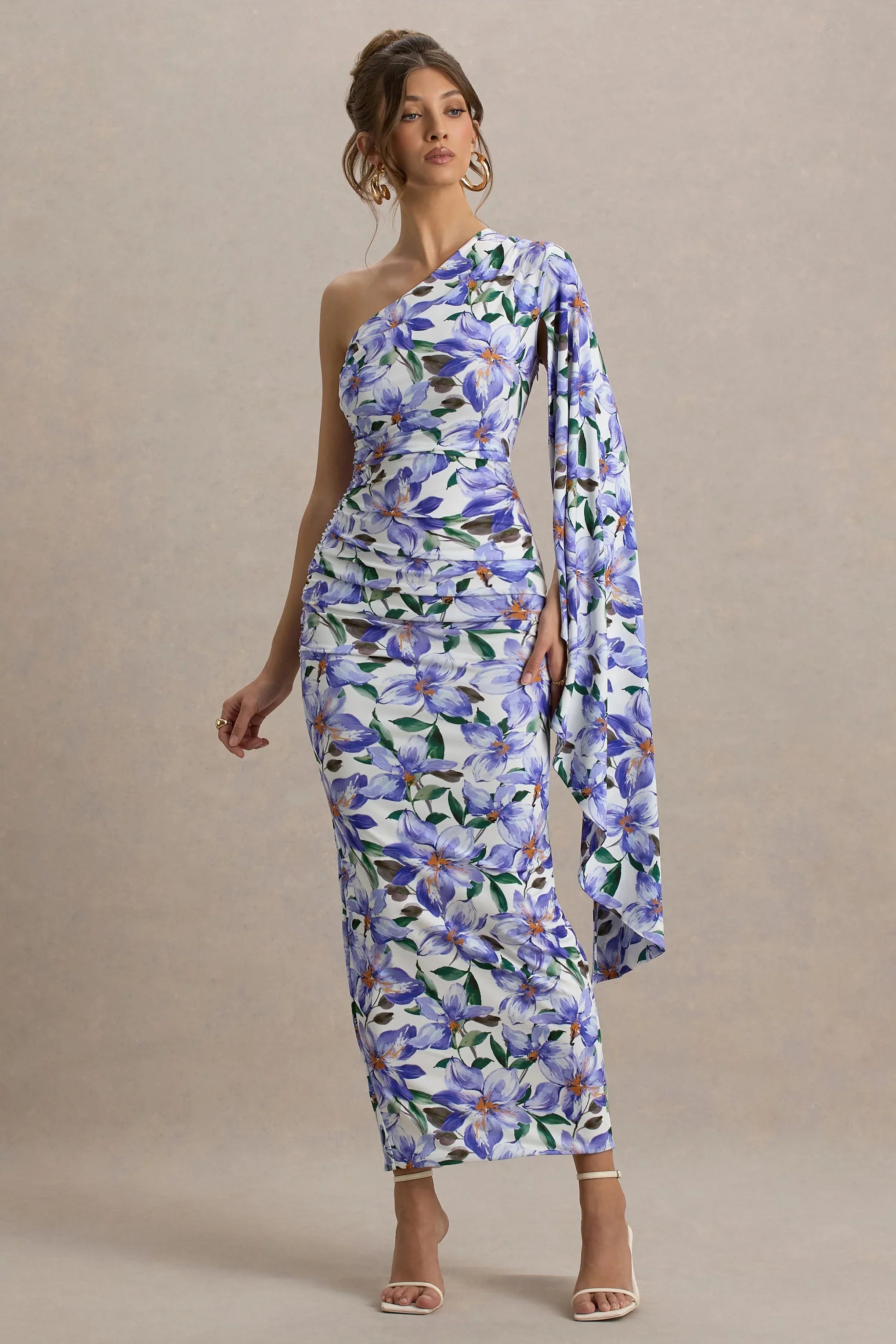 Clementina Purple Lily Print Asymmetric Cape Sleeve Maxi Dress