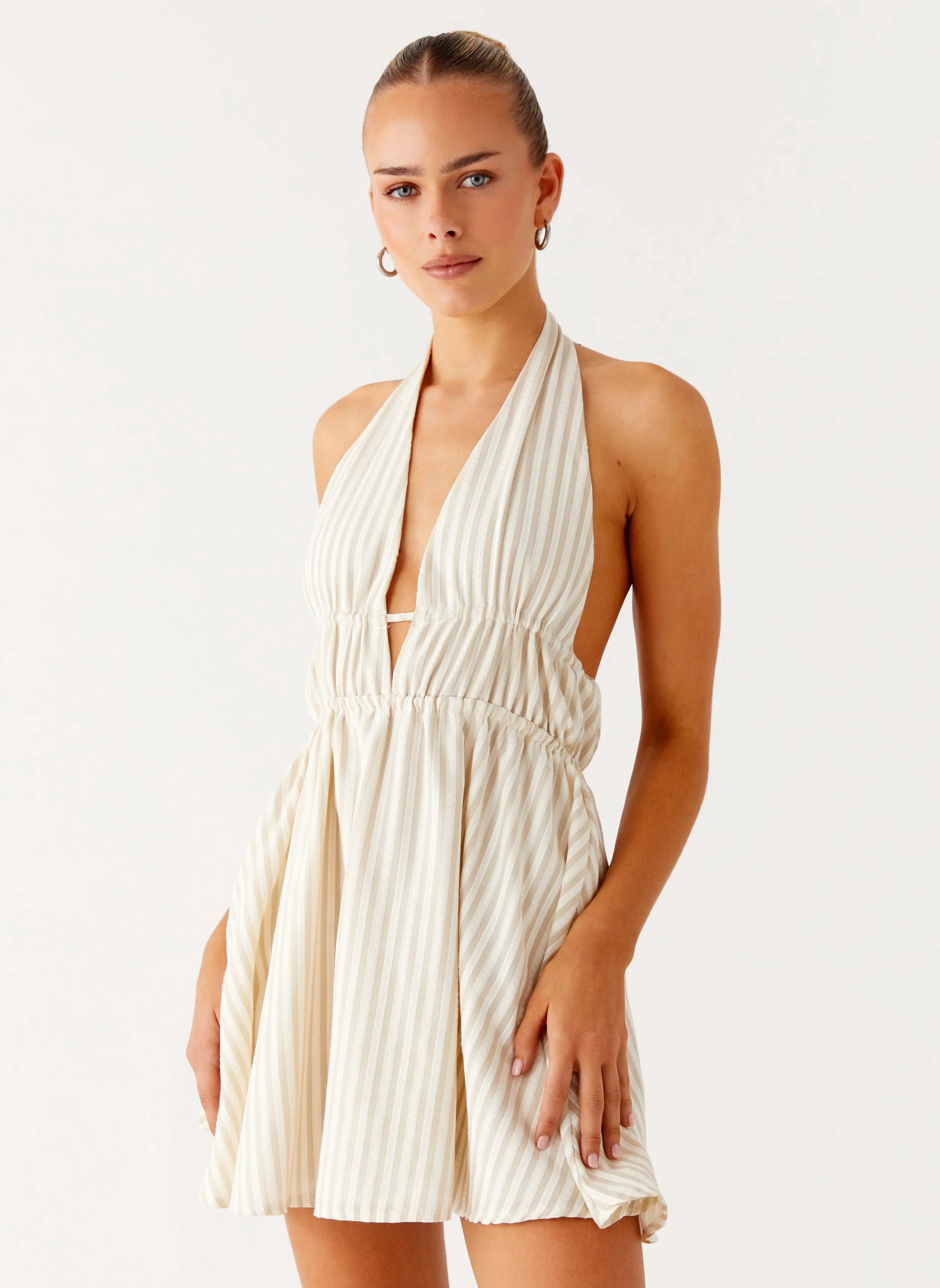 Figaro Halter Mini Dress Taupe Stripe