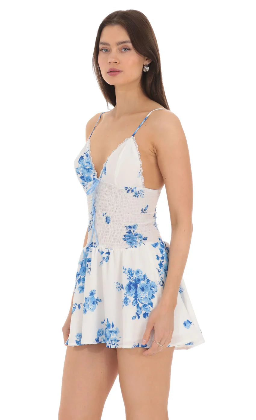 Blue Floral Smocked Ruffle Dress in White