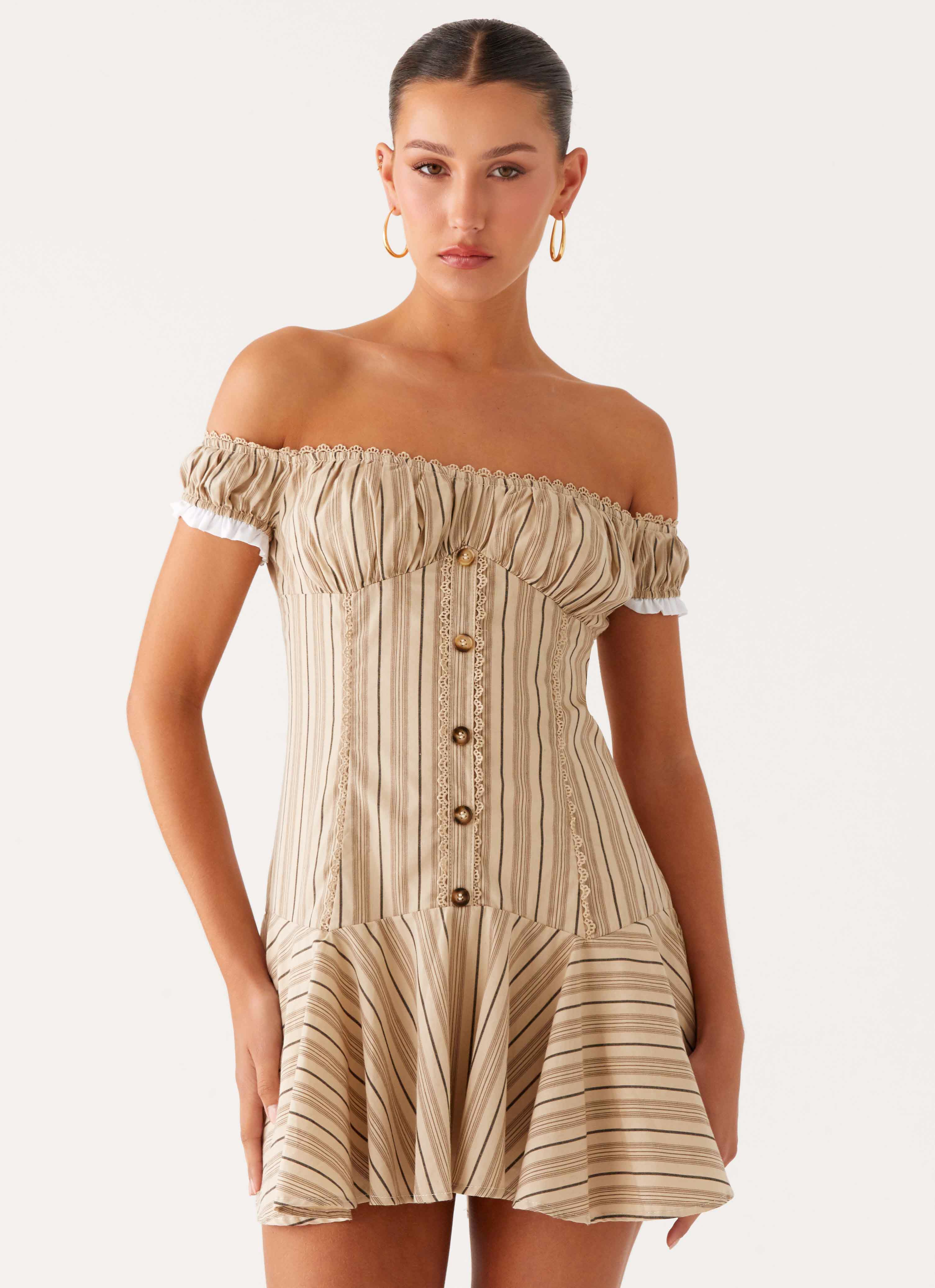 Jumana Off Shoulder Mini Dress Off White Stripe