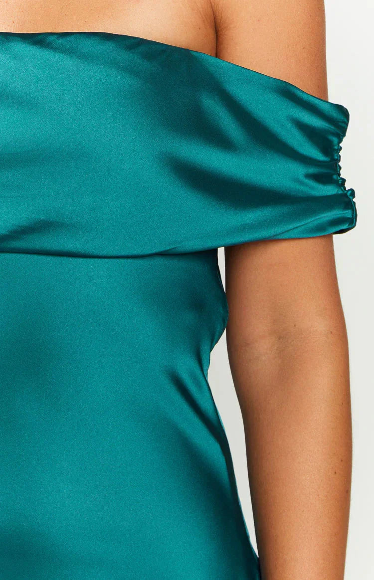 Primrose Teal Satin Off the Shoulder Mini Dress
