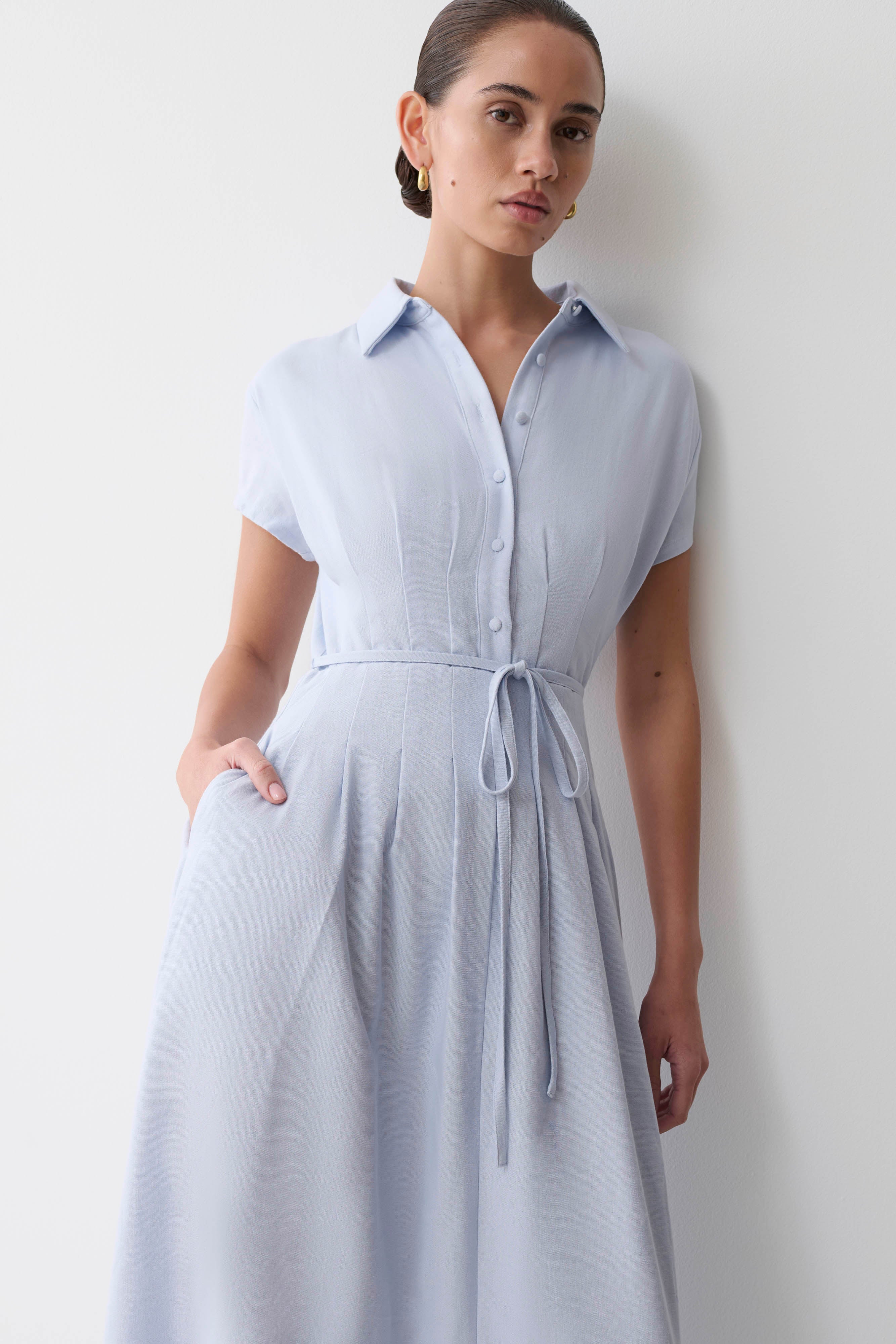 Aysha Buttoned Linen Midi Dress Cornflower Blue