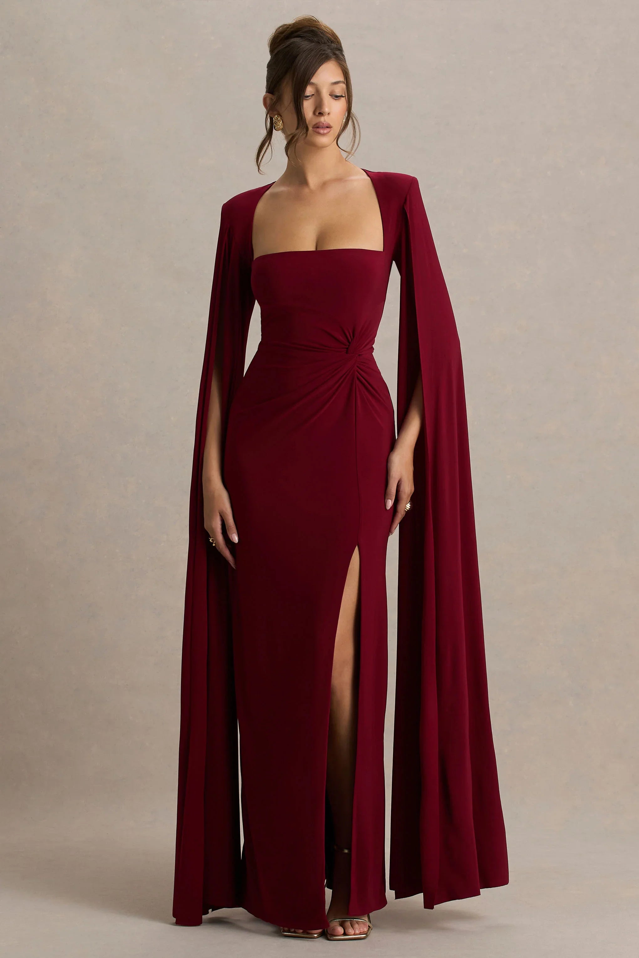 Claretta Berry Square Neck Twisted Maxi Dress With Cape Sleeves