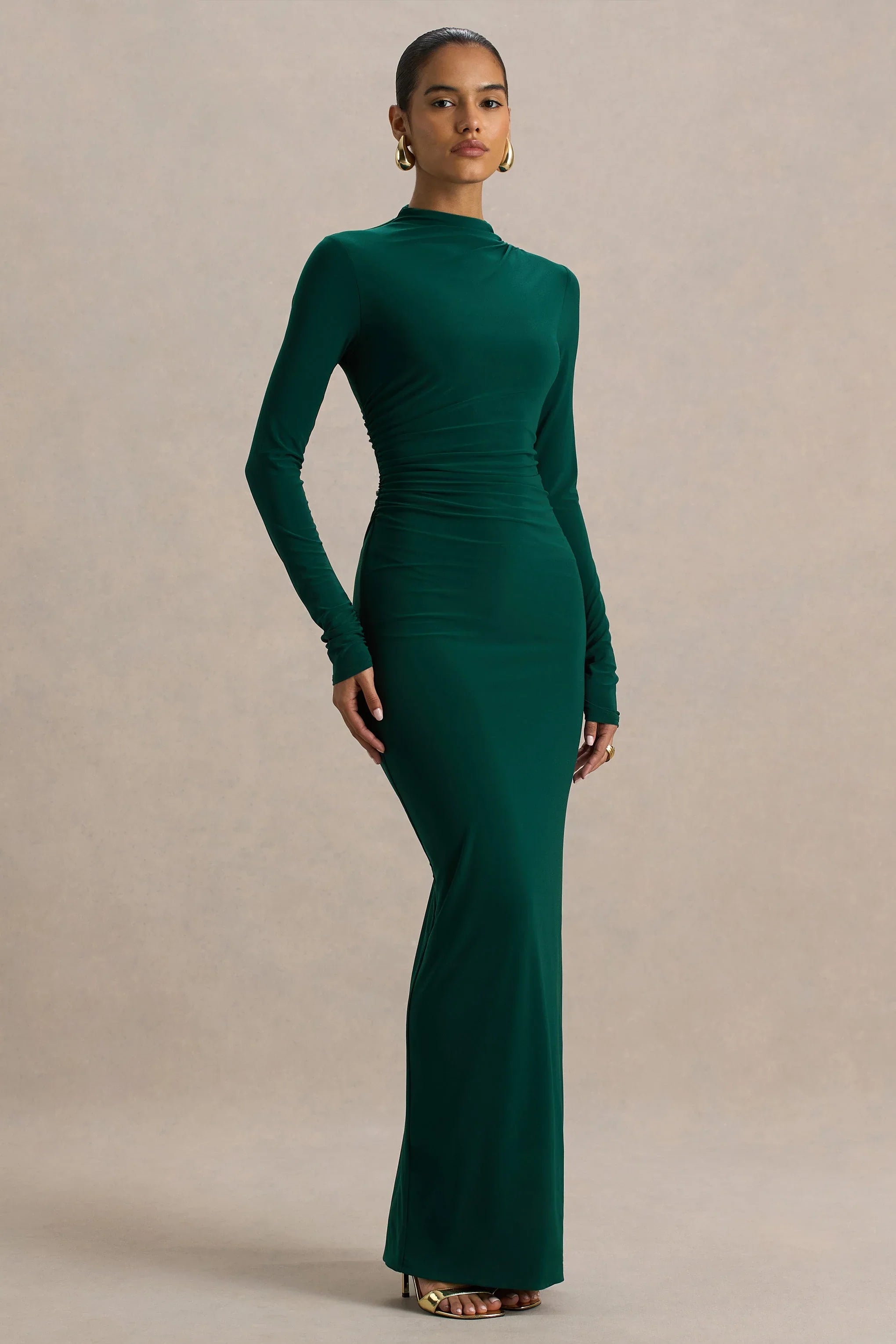 Eden Bottle Green High Neck Maxi Dress With Ruched Detailing
