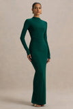 Eden Bottle Green High Neck Maxi Dress With Ruched Detailing