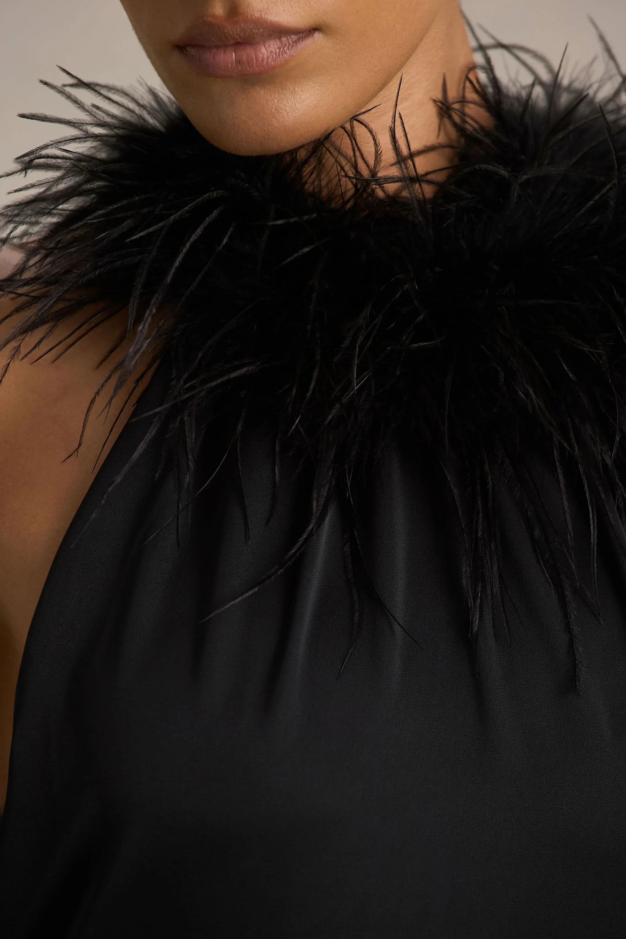 Jemima Black Satin Halter Neck Maxi Dress With Feather Trim
