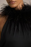 Jemima Black Satin Halter Neck Maxi Dress With Feather Trim