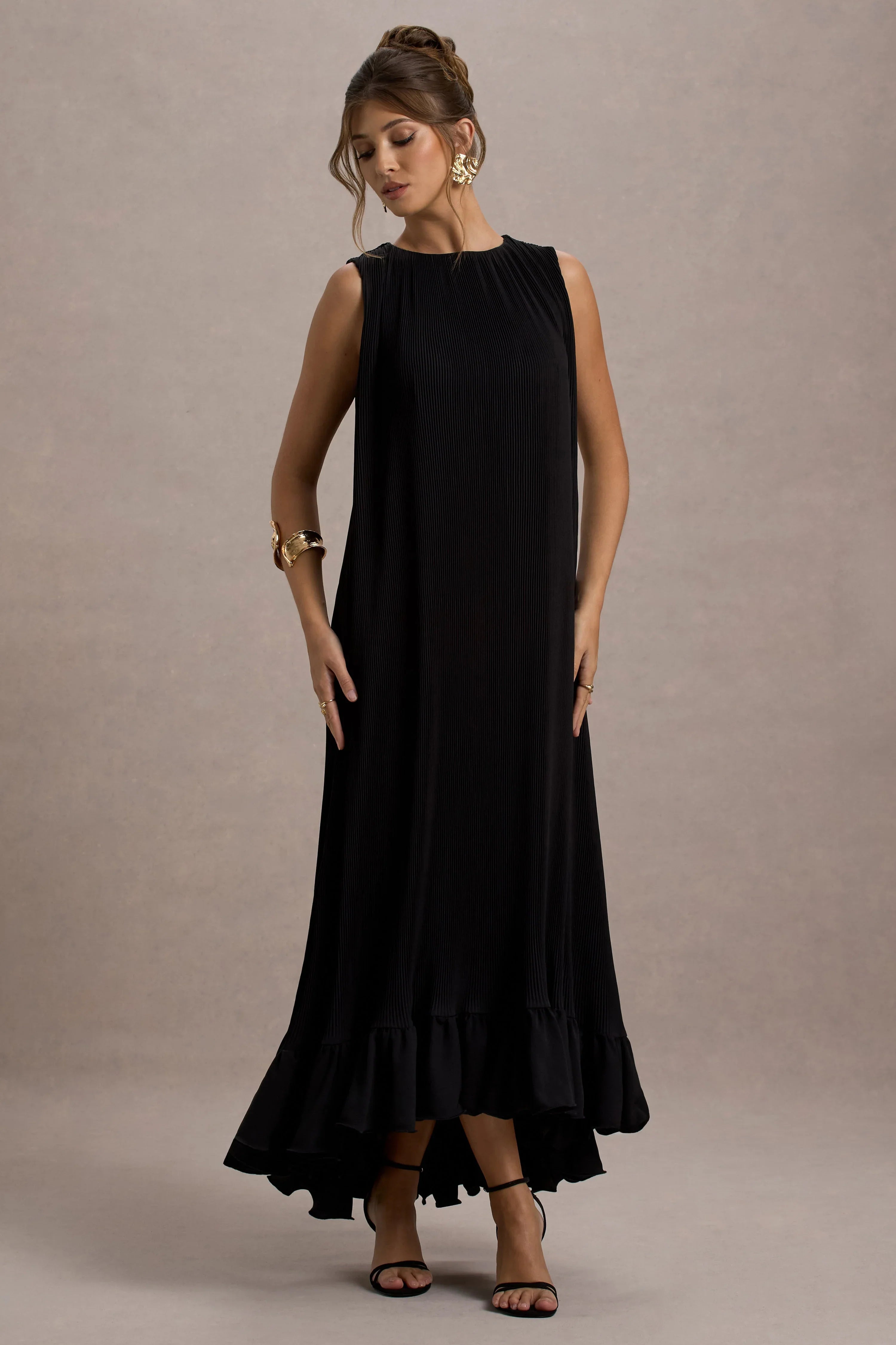 Hazelle Black Chiffon A Line Ruffled Maxi Dress