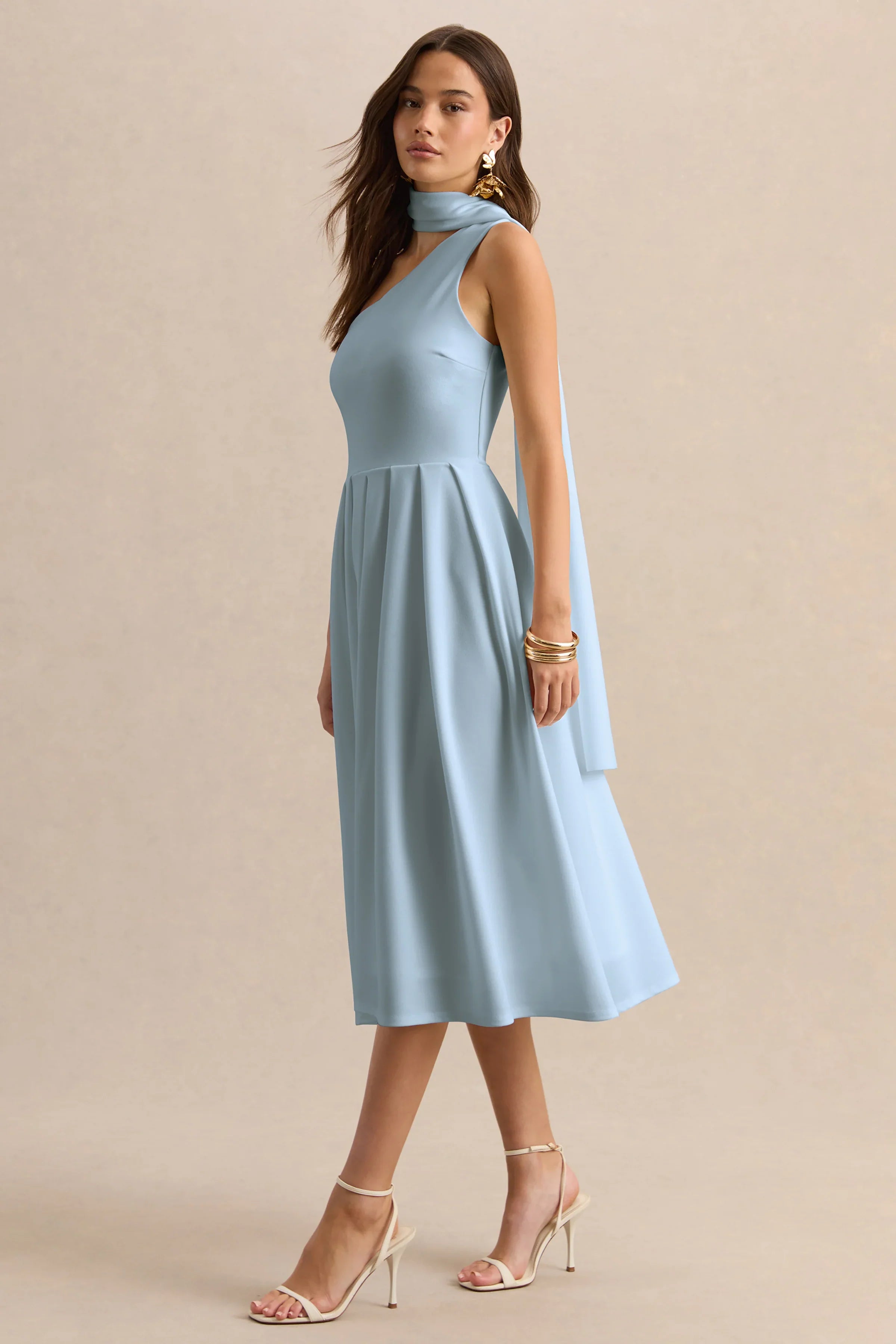 Odette Powder Blue Asymmetric Neck Midi Dress With Scarf