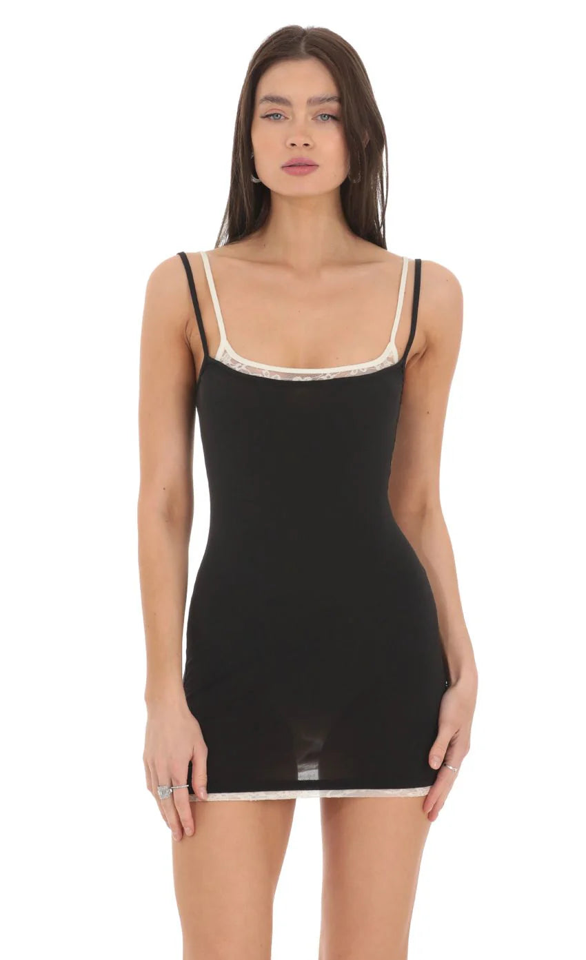 Double Strap Lace Bodycon Dress in Black