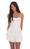 Lace Strapless Ruched Ruffle Dress in White