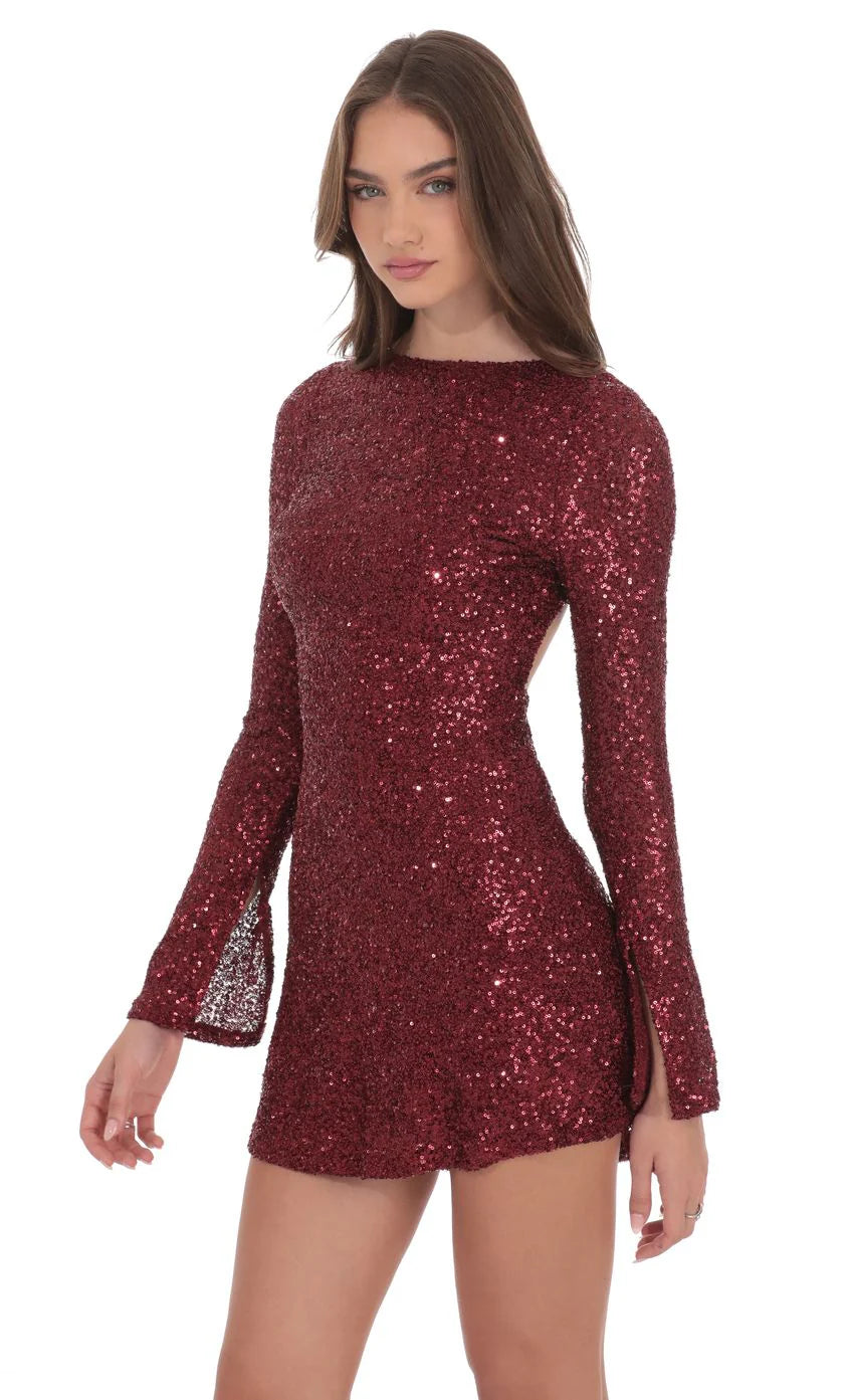 Sequin Long Sleeve Open Back Dress in Maroon