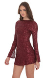 Sequin Long Sleeve Open Back Dress in Maroon