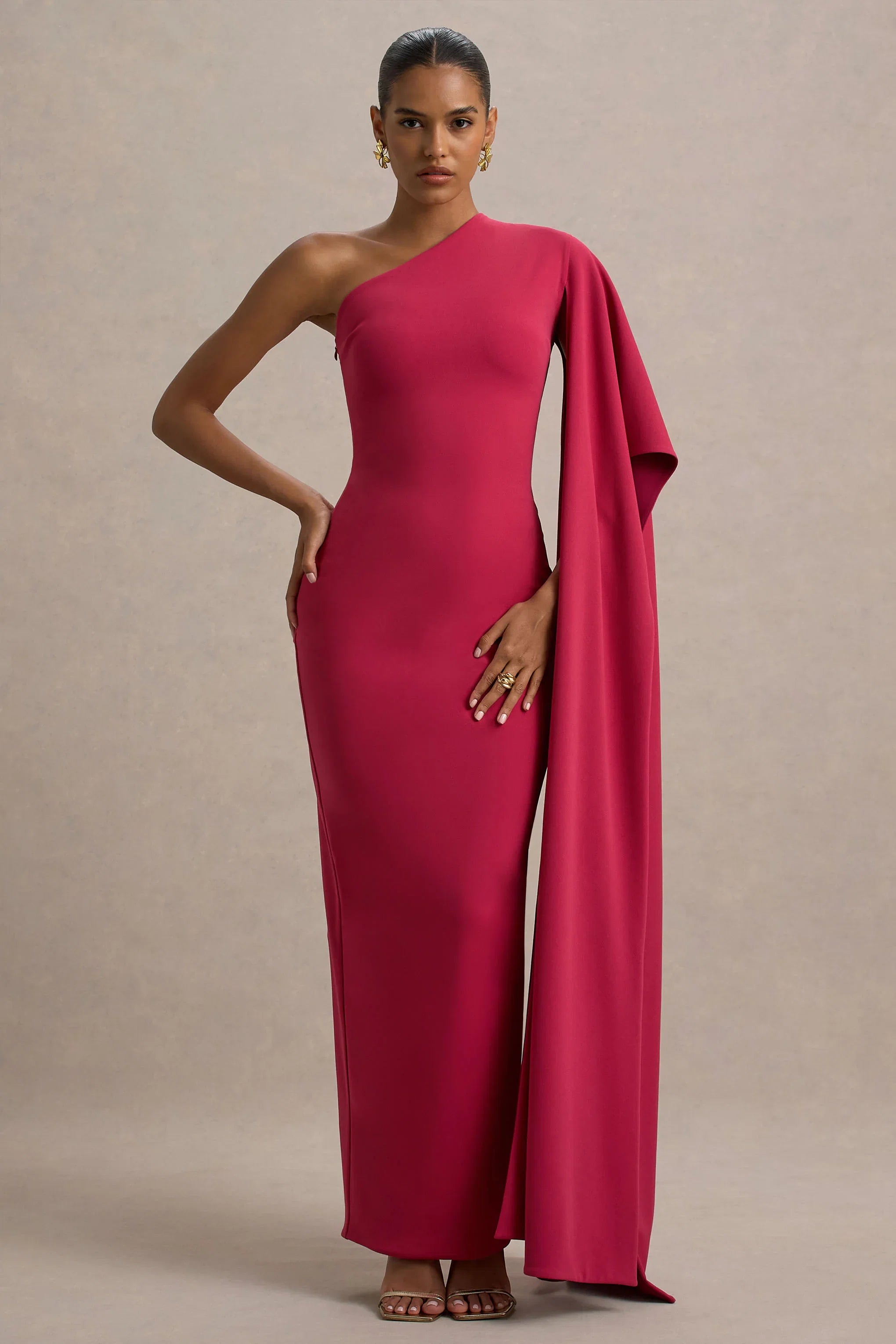 Lily Hot Pink Burgundy Asymmetric Maxi Dress With Cape Sleeve