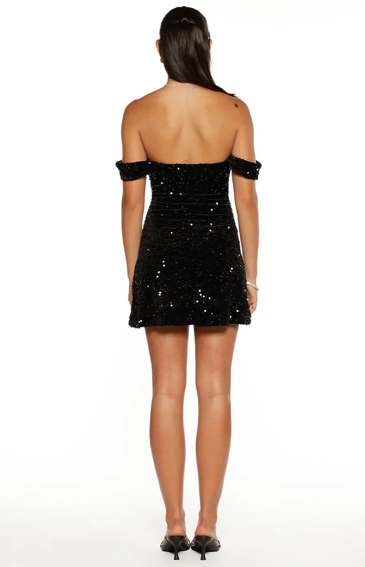 Zoella Black Velvet Sequin Off The Shoulder Mini Dress