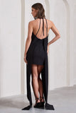 Enigmatic Black Halter Neck Draped Mini Dress With Floral Corsage