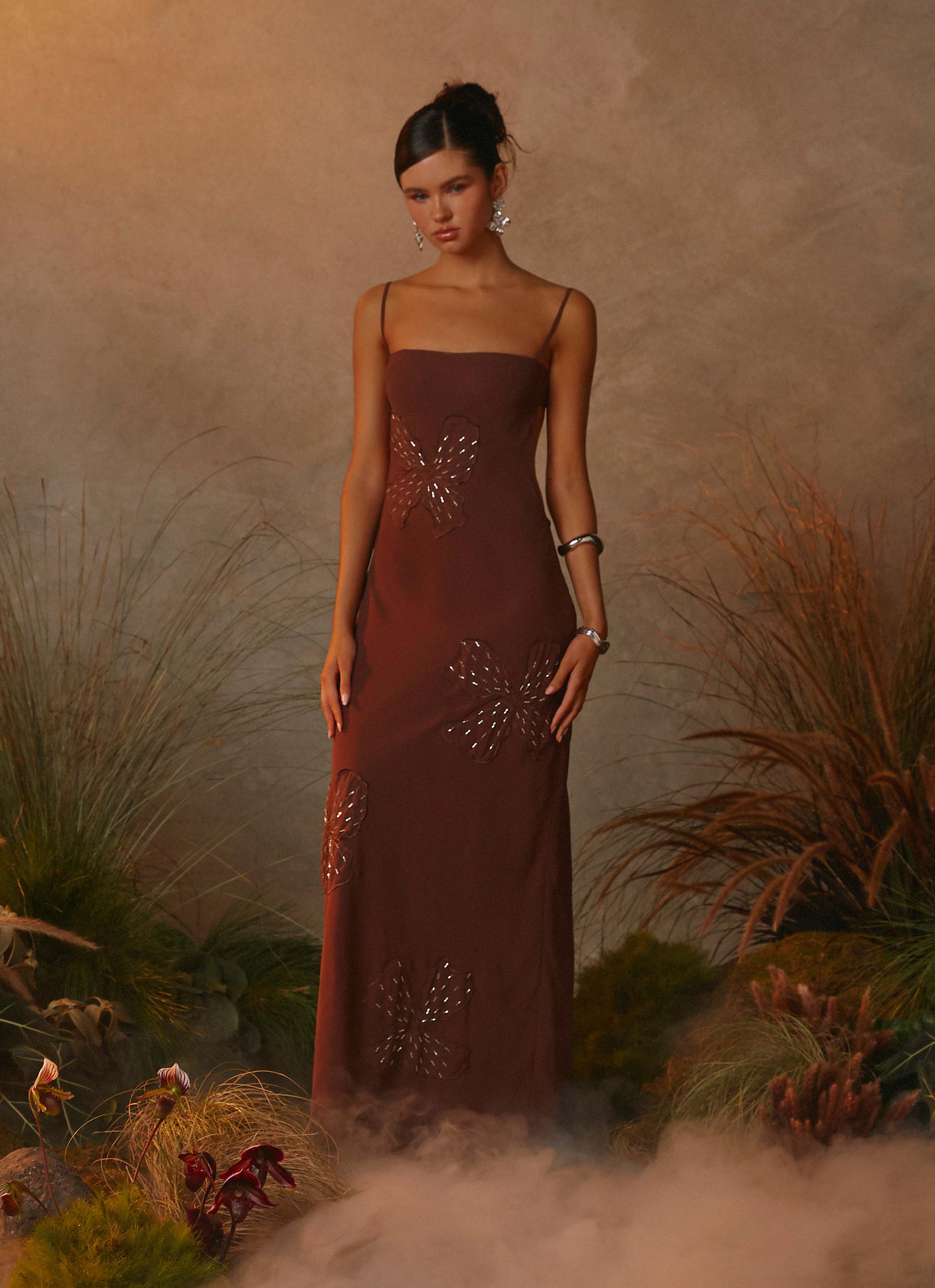Bayla Beaded Flower Maxi Dress Chocolate