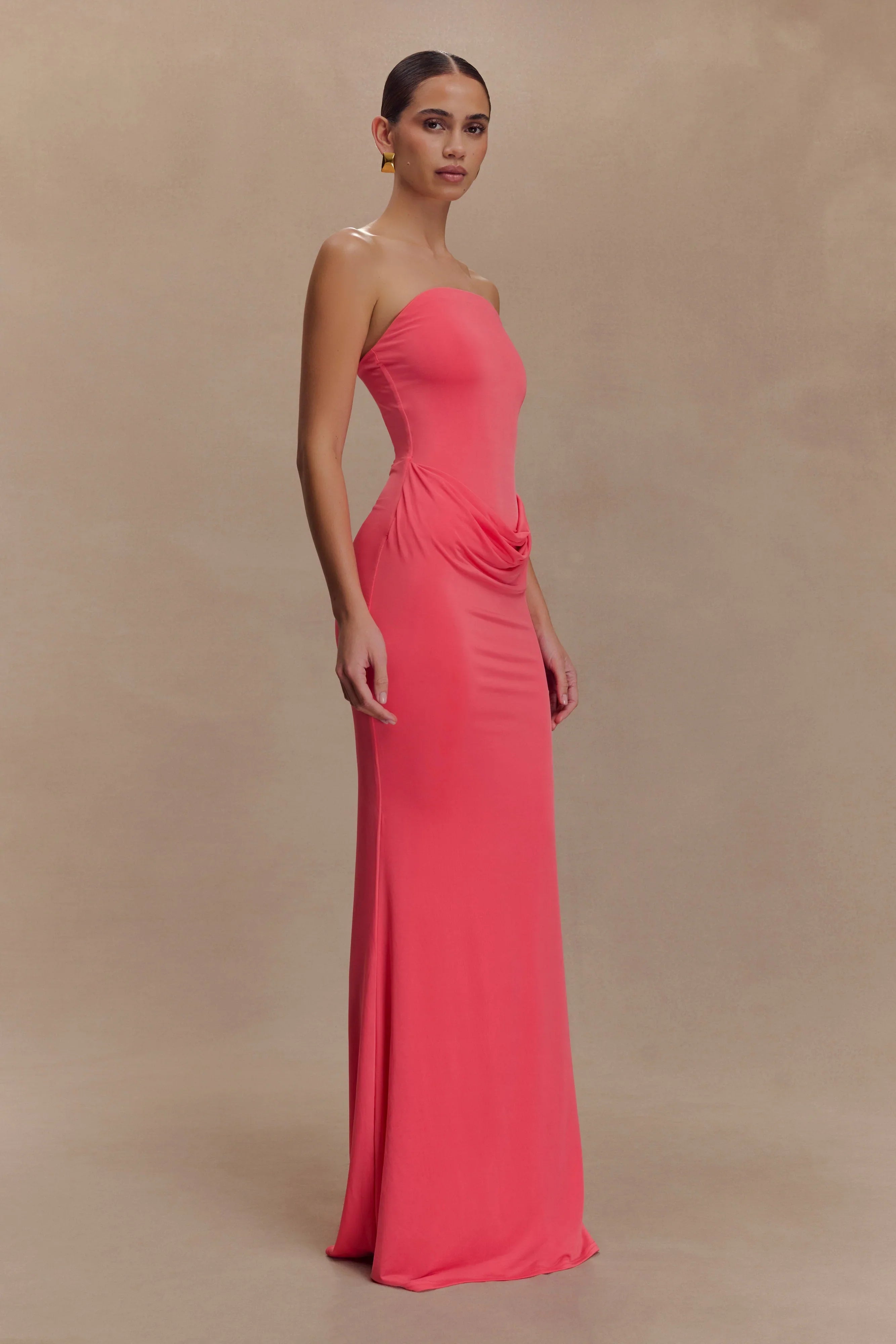 Madison Strapless Slinky Maxi Dress Coral
