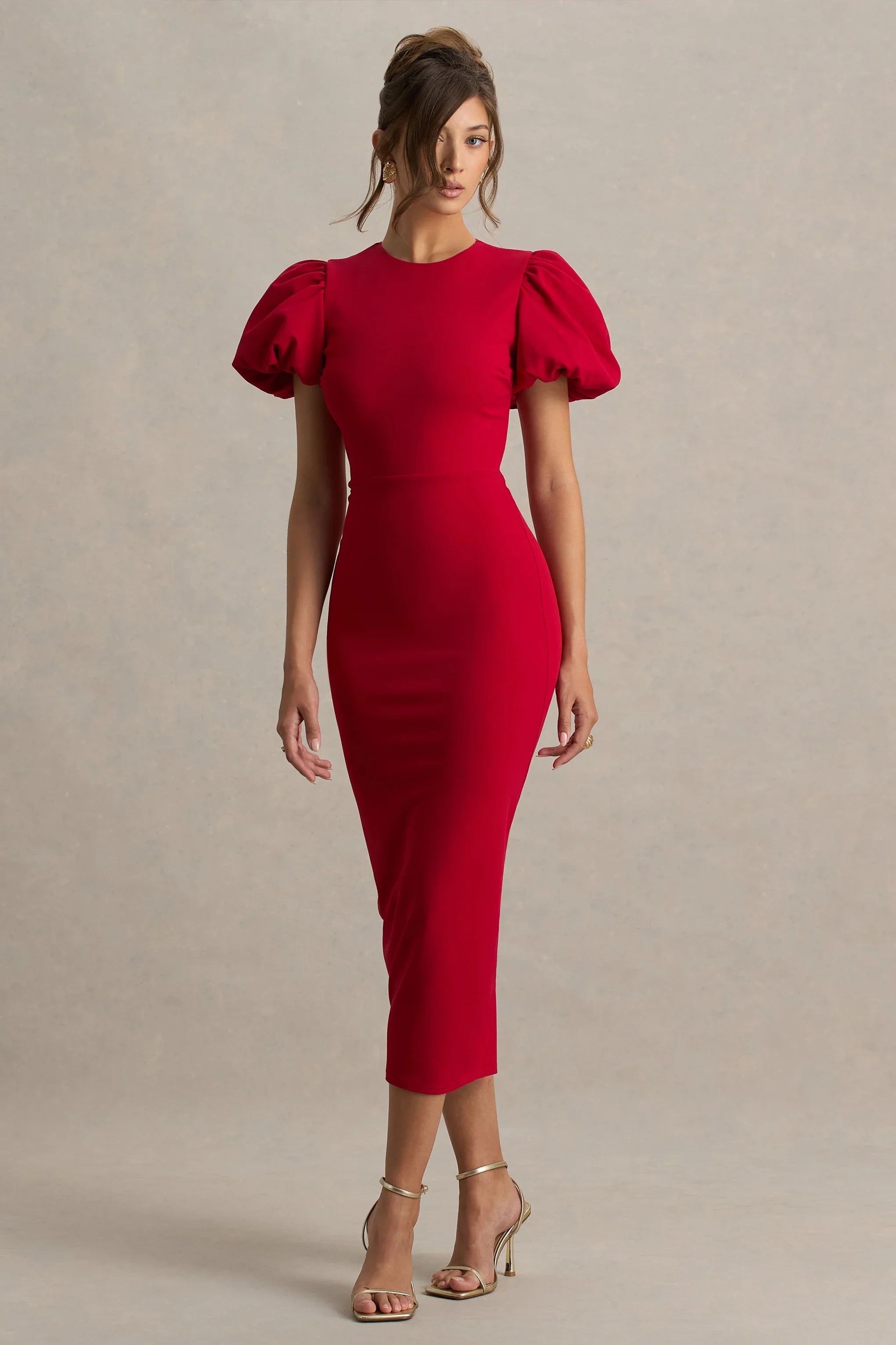 Dakota Red Puff Sleeve Midi Dress