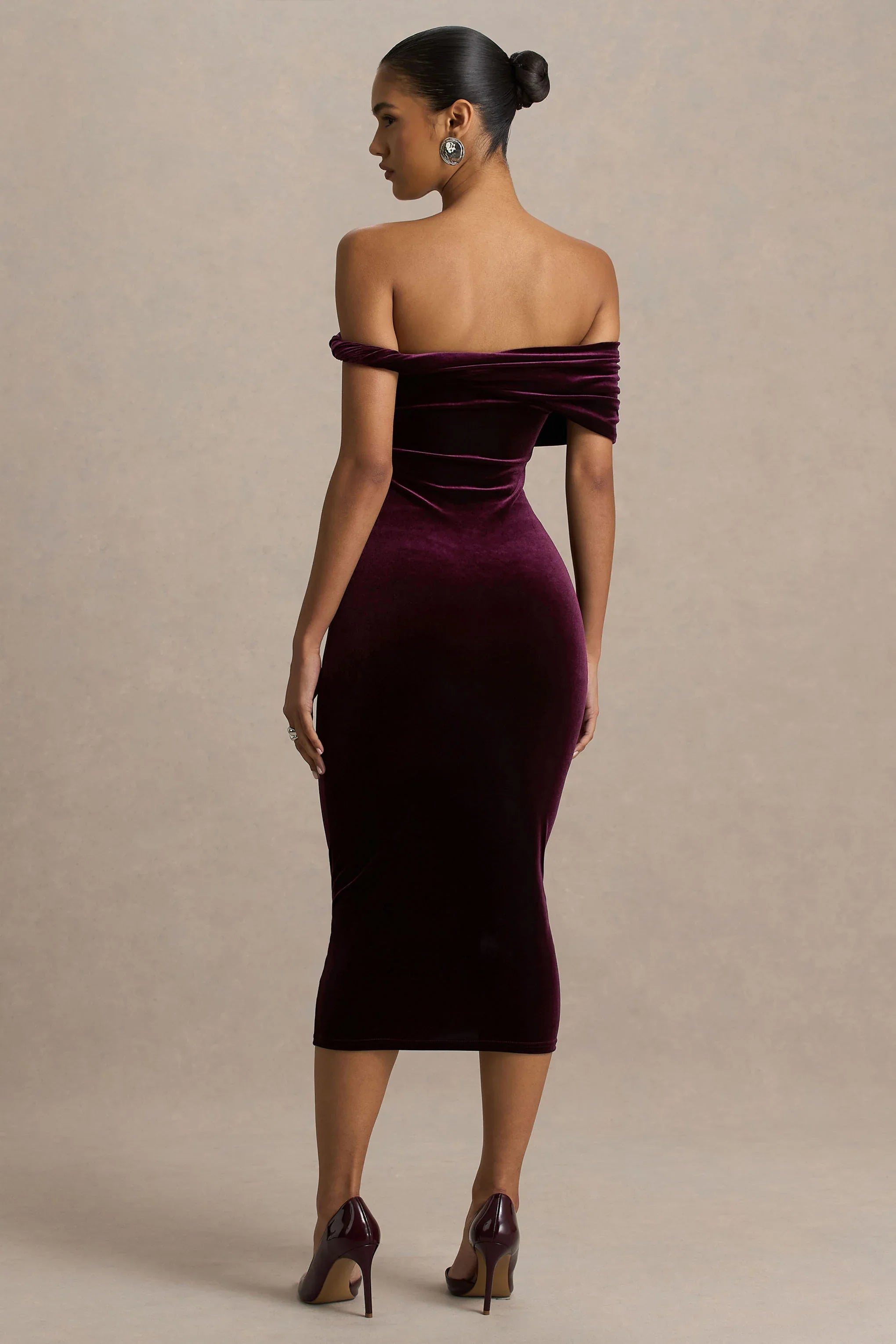 Billie Burgundy Velvet Bardot Neck Midi Dress With Twist Sleeve