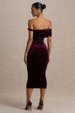 Billie Burgundy Velvet Bardot Neck Midi Dress With Twist Sleeve