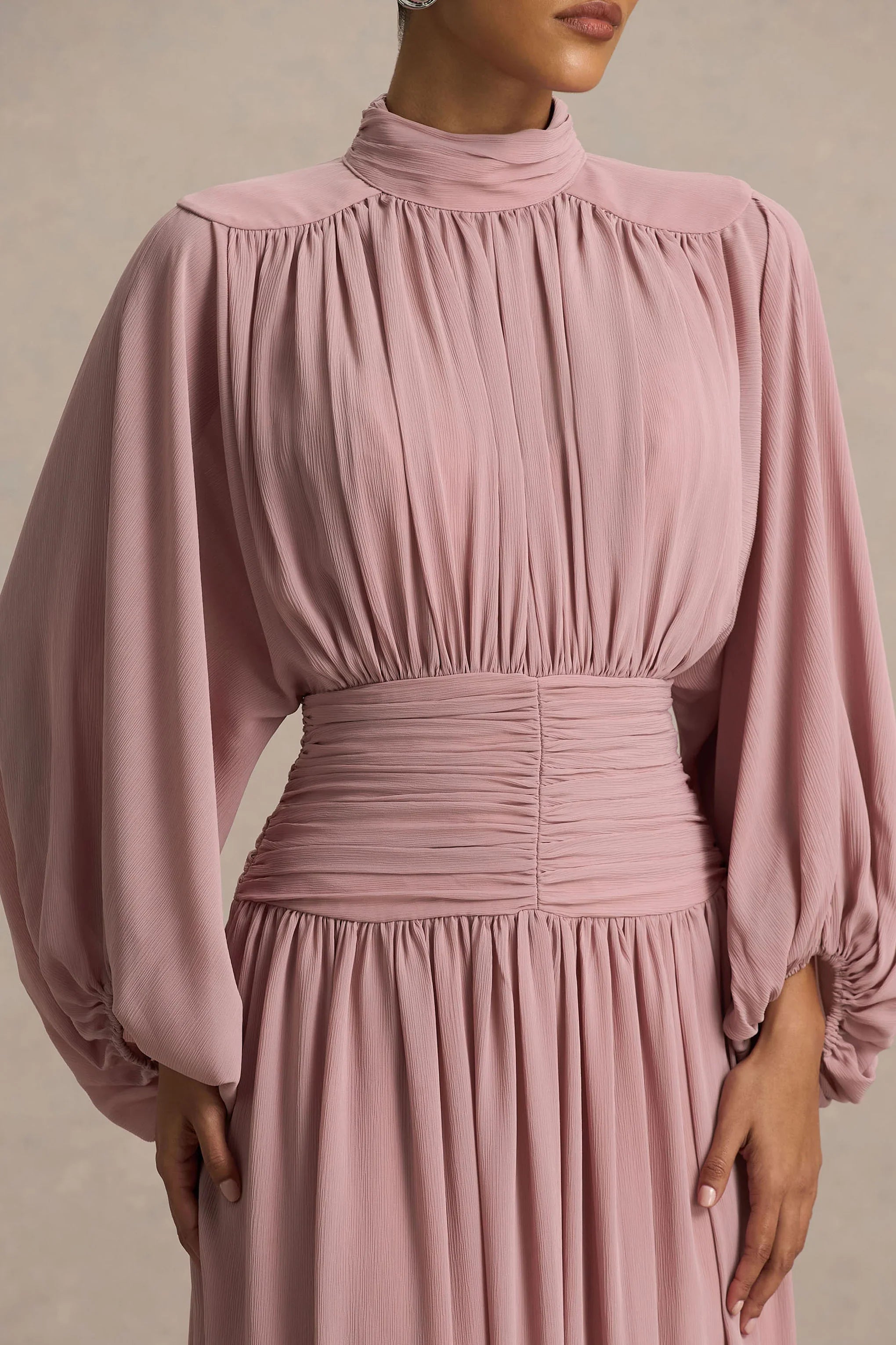 Annabel Dusty Pink High Neck Midi Dress With Drop Waist And Pleated Detailing