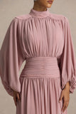 Annabel Dusty Pink High Neck Midi Dress With Drop Waist And Pleated Detailing