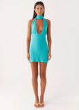 Melisande Scarf Neck Mini Dress Aqua Blue