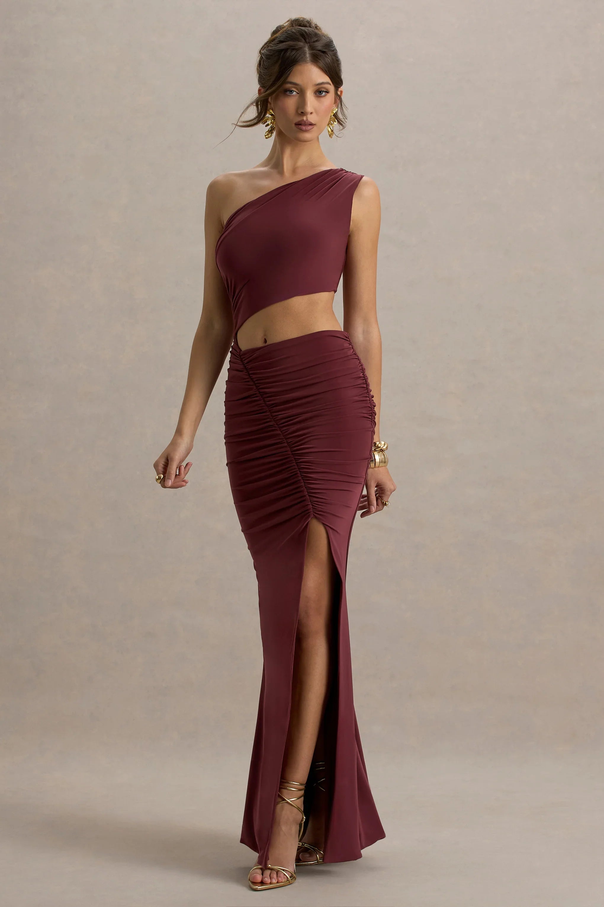 Sena Burgundy Asymmetric Maxi Dress With Cut Out Details