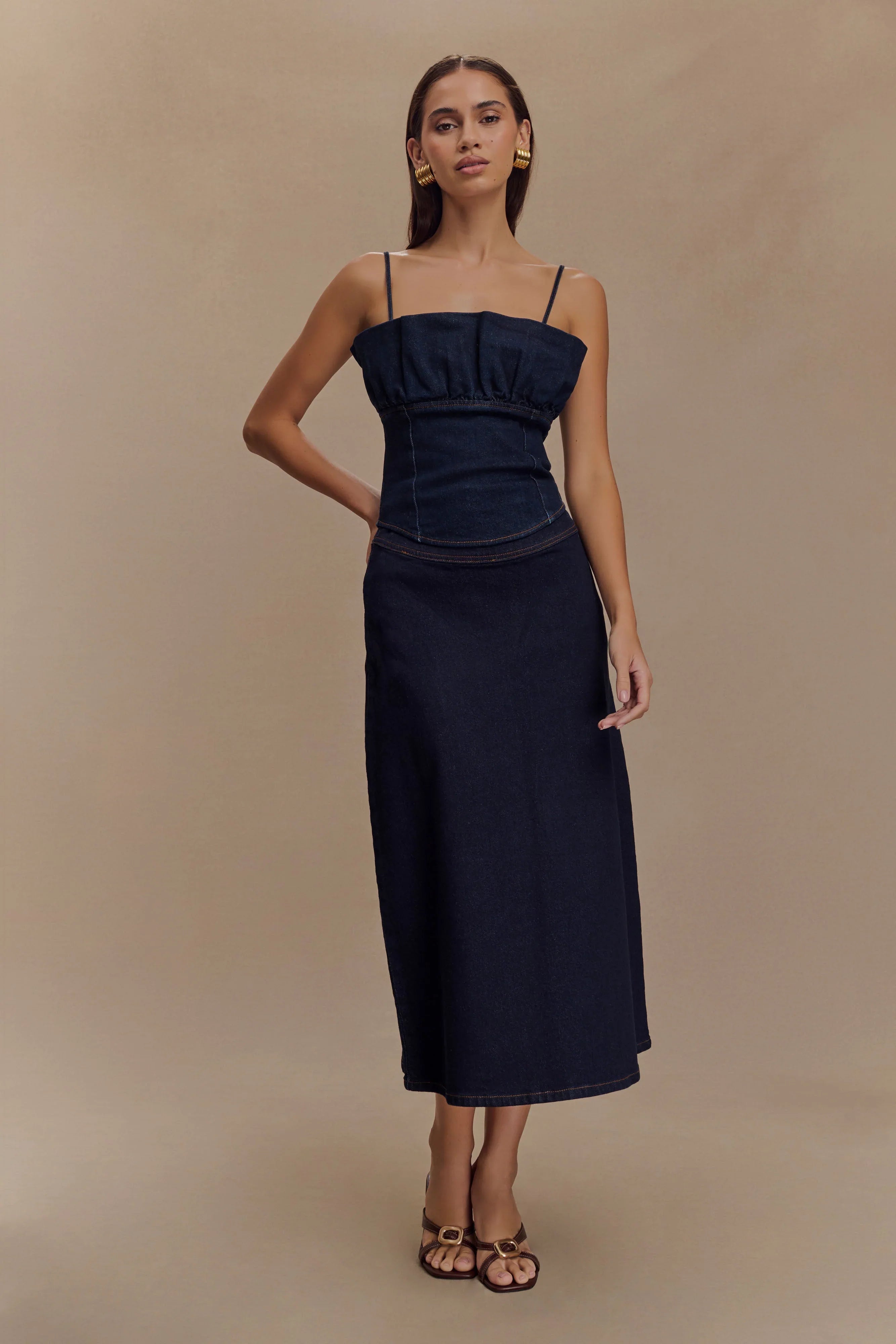 Cecilia Denim A Line Midi Skirt Indigo Blue