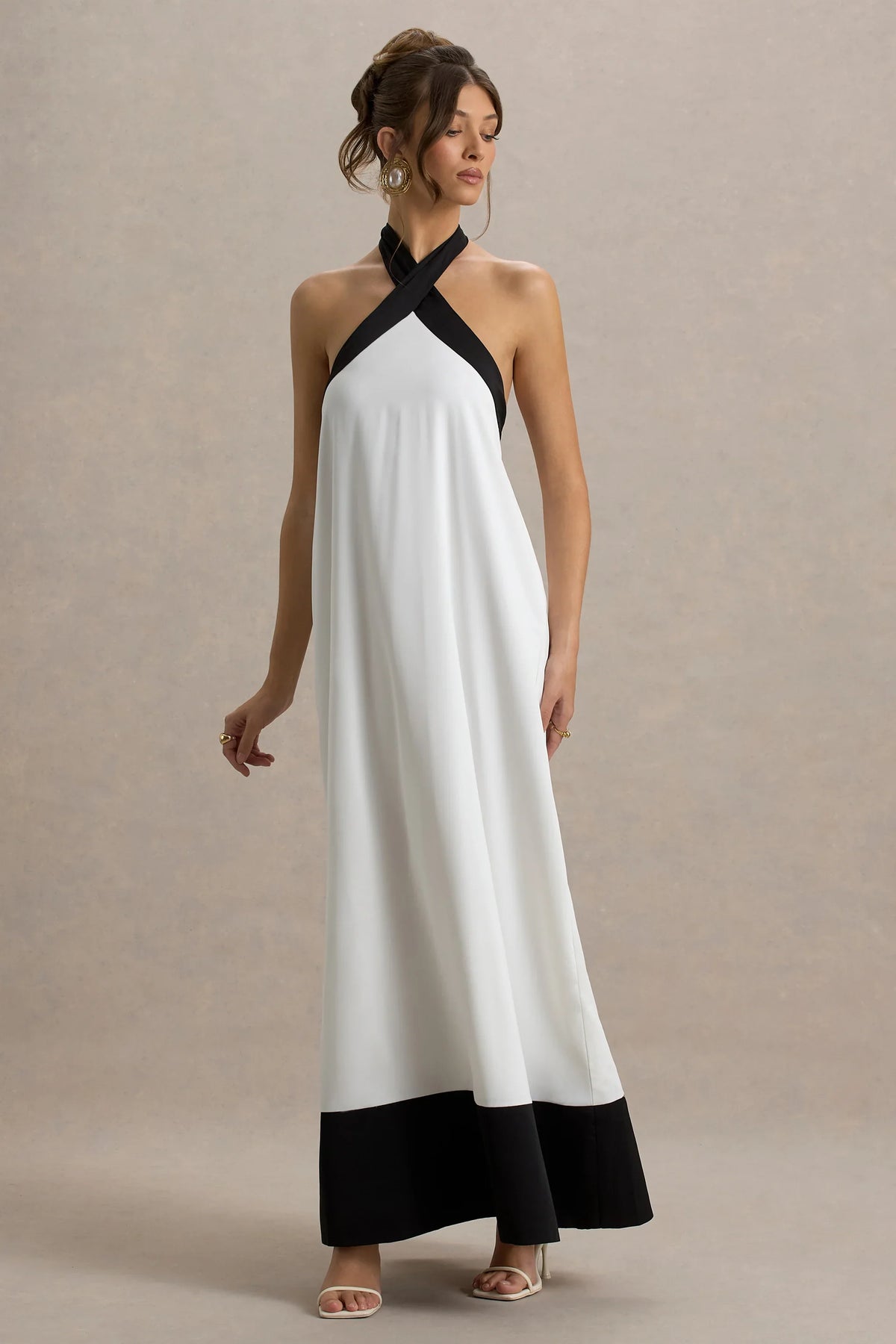 Clarabella White Black Halter Neck Maxi Dress