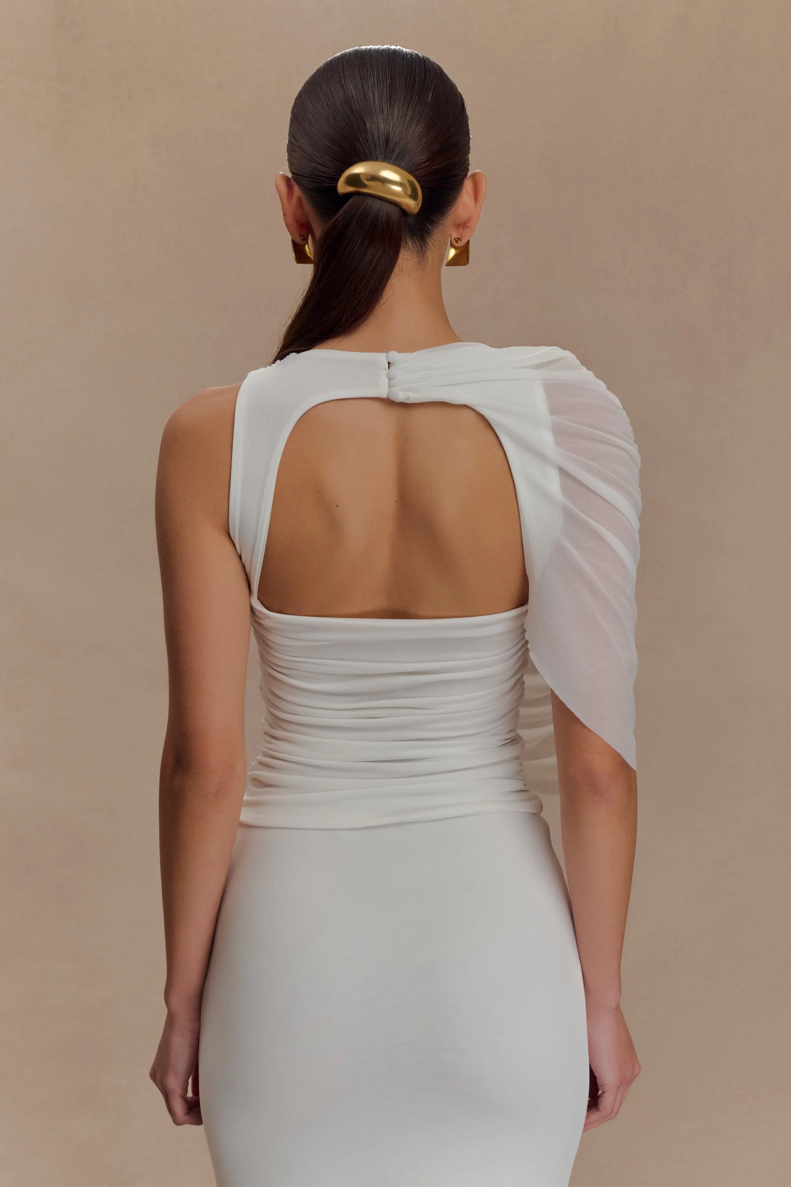 Pruedance Slinky Draped Top With Mesh Overlay White