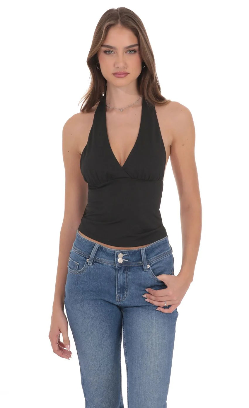 V Neck Halter Top in Black