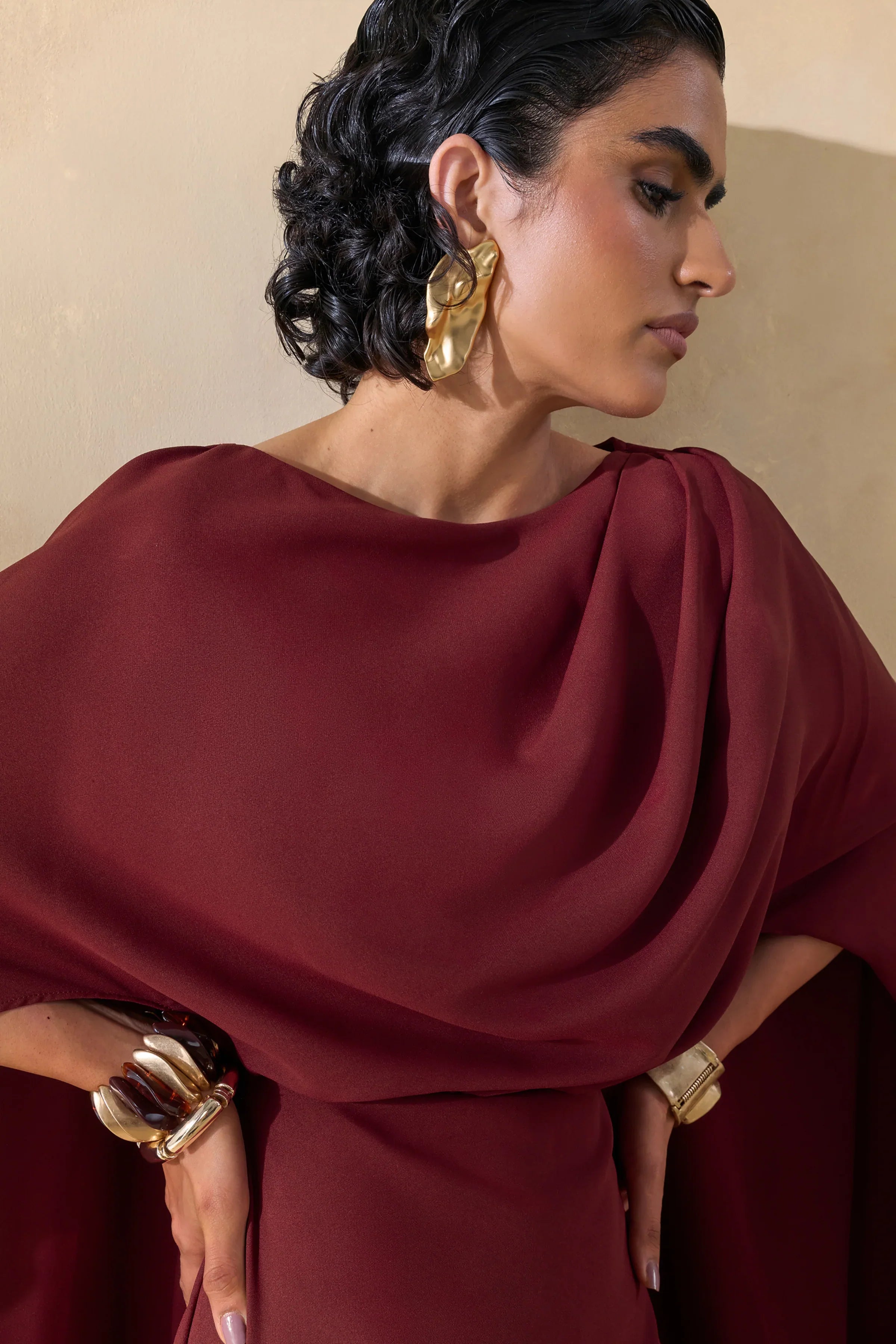 Pristina Burgundy Boat Neck Woven Maxi Dress With Cape Detail