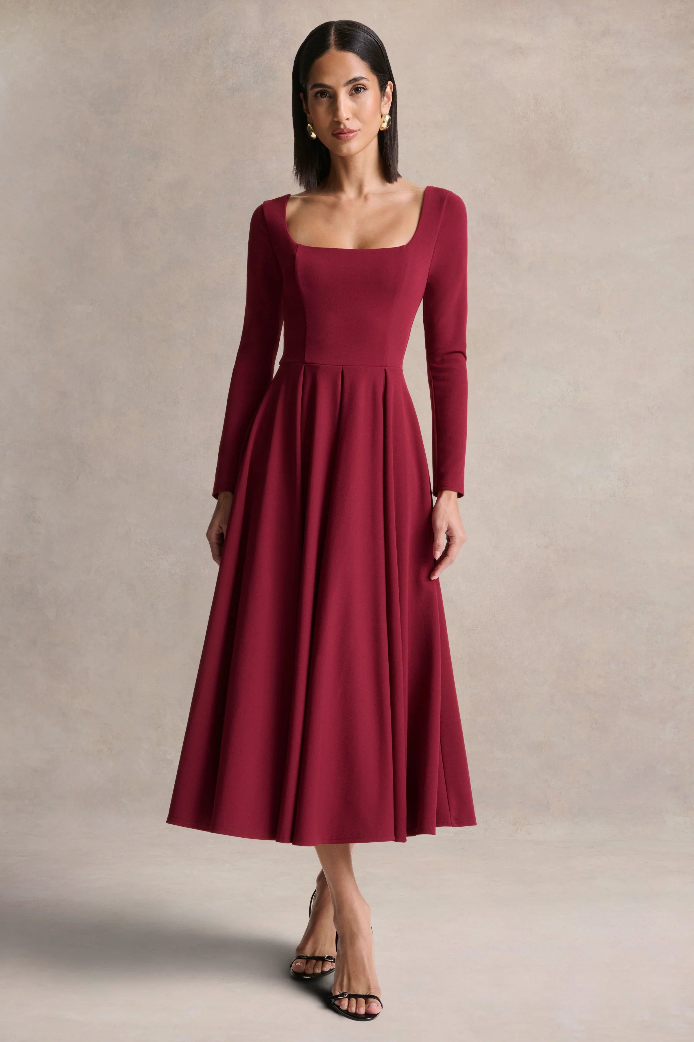 Alison Burgundy Square Neck A Line Midi Dress